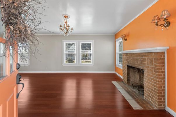 Chandelier, Empty room, Fireplace, Interior, Stone Walls, Wood Texture Flooring