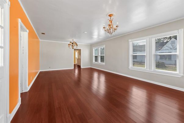 Chandelier, Empty room, Interior, Recessed Lighting, Wood Texture Flooring