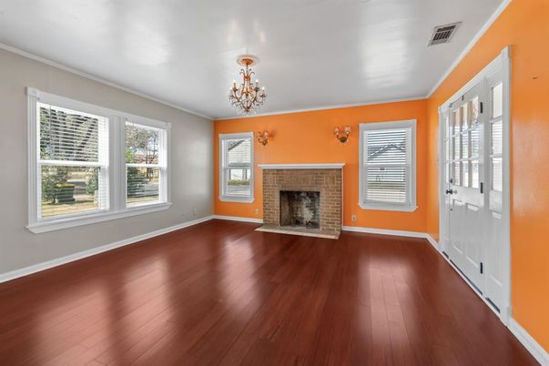 Chandelier, Empty room, Fireplace, Interior, Wood Texture Flooring