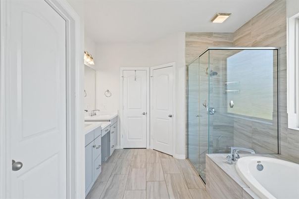 Bathroom, Dual Sink Vanities, Glass Shower, Interior, Wood Texture Flooring