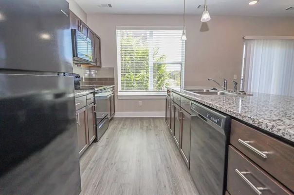 Interior, Kitchen, Pendant Lights, Recessed Lighting, Wood Texture Flooring