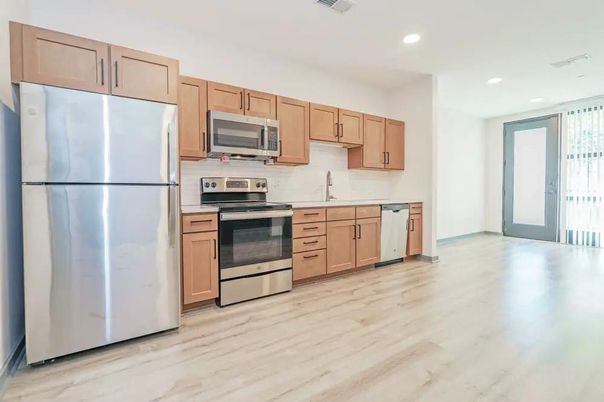 Interior, Kitchen, Recessed Lighting, Stainless Steel Appliances, Wood Texture Flooring