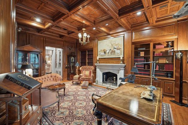 Fireplace, Home Office, Interior, Recessed Lighting, Wooden Beams, Wooden Ceilings, Wood Texture Flooring, Wooden Walls