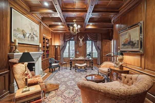 Chandelier, Fireplace, Home Office, Interior, Living room, Recessed Lighting, Wooden Beams, Wooden Ceilings, Wood Texture Flooring, Wooden Walls