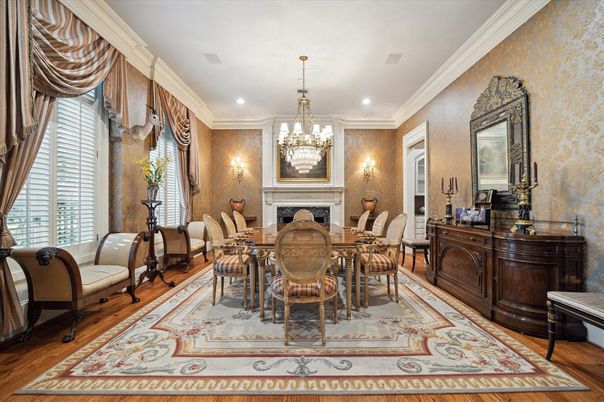 Chandelier, Dining room, Fireplace, Interior, Recessed Lighting, Wood Texture Flooring