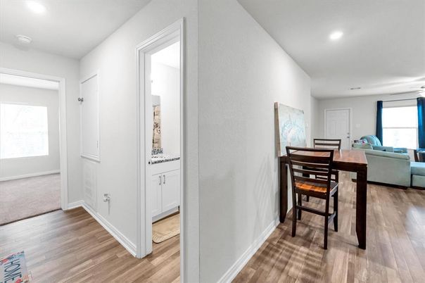 Dining room, Interior, Living room, Recessed Lighting, Wood Texture Flooring