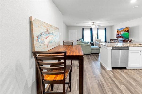 Dining room, Interior, Living room, Recessed Lighting, Wood Texture Flooring