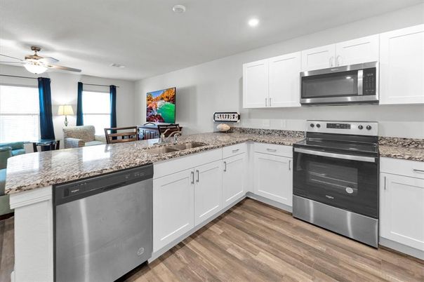 Interior, Kitchen, Recessed Lighting, Stainless Steel Appliances, Wood Texture Flooring