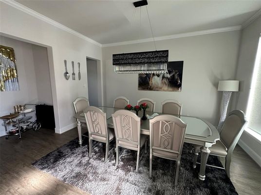 Dining room, Interior, Pendant Lights, Wood Texture Flooring