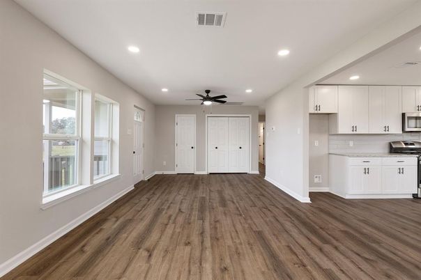 Empty room, Interior, Kitchen, Recessed Lighting, Wood Texture Flooring