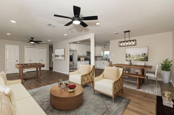 Dining room, Interior, Kitchen, Living room, Pendant Lights, Recessed Lighting, Stainless Steel Appliances, Wood Texture Flooring