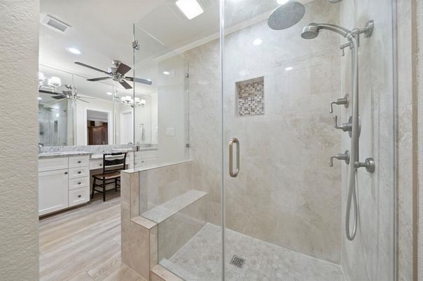 Bathroom, Glass Shower, Interior, Recessed Lighting, Wood Texture Flooring