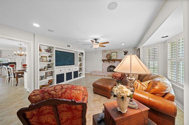 Chandelier, Dining room, Fireplace, Interior, Living room, Recessed Lighting, Stone Walls