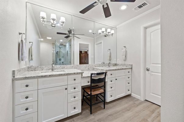 Bathroom, Dual Sink Vanities, Interior, Recessed Lighting, Wood Texture Flooring