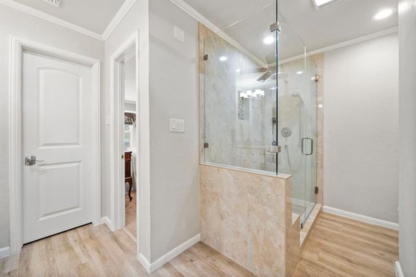 Bathroom, Glass Shower, Interior, Recessed Lighting, Wood Texture Flooring