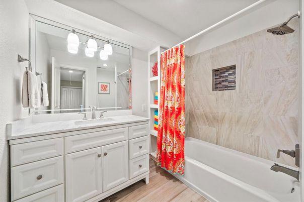 Bathroom, Interior, Marble Walls, Wood Texture Flooring