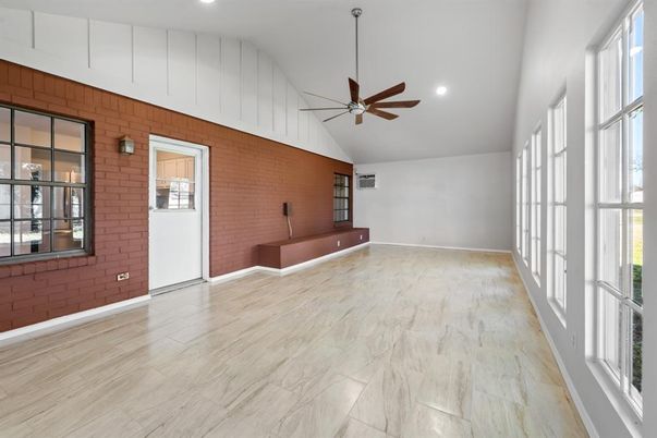Empty room, Interior, Recessed Lighting, Stone Walls, Wood Texture Flooring