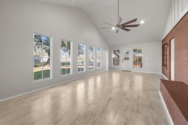 Empty room, Interior, Recessed Lighting, Stone Walls, Wood Texture Flooring