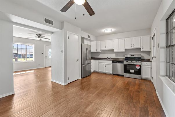 Interior, Kitchen, Stainless Steel Appliances, Wood Texture Flooring