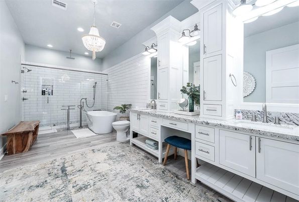 Bathroom, Dual Sink Vanities, Free Standing Baths, Interior, Pendant Lights, Recessed Lighting, Wood Texture Flooring