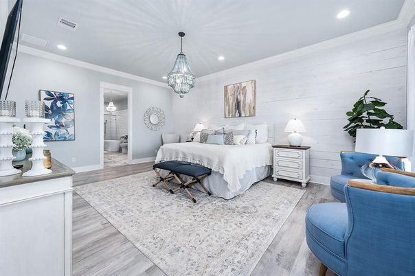 Bedroom, Chandelier, Interior, Recessed Lighting, Wood Texture Flooring
