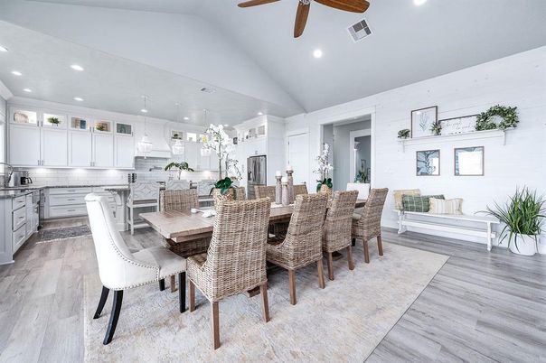Dining room, Interior, Kitchen, Pendant Lights, Recessed Lighting, Wood Texture Flooring