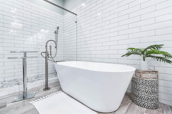 Bathroom, Free Standing Baths, Glass Shower, Interior, Wood Texture Flooring