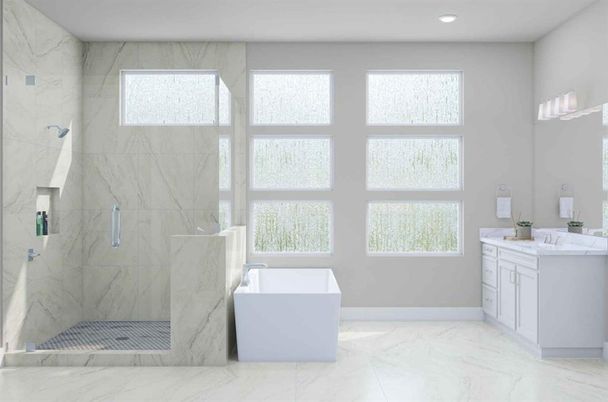 Bathroom, Dual Sink Vanities, Glass Shower, Interior, Marble, Marble Walls, Recessed Lighting
