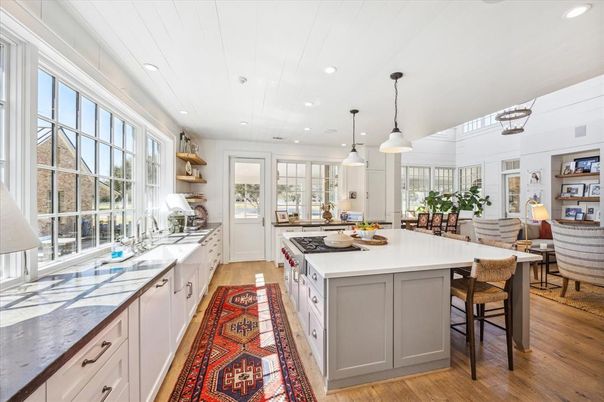 Dining room, Interior, Kitchen, Pendant Lights, Recessed Lighting, Wood Texture Flooring