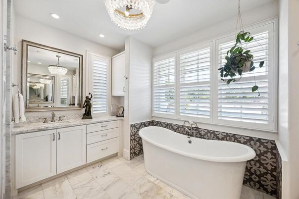 Bathroom, Chandelier, Dual Sink Vanities, Free Standing Baths, Interior, Marble, Recessed Lighting