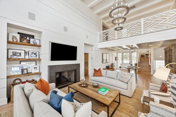 Fireplace, Interior, Living room, Pendant Lights, Wood Texture Flooring