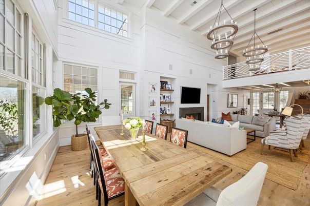 Dining room, Fireplace, Interior, Living room, Pendant Lights, Wood Texture Flooring