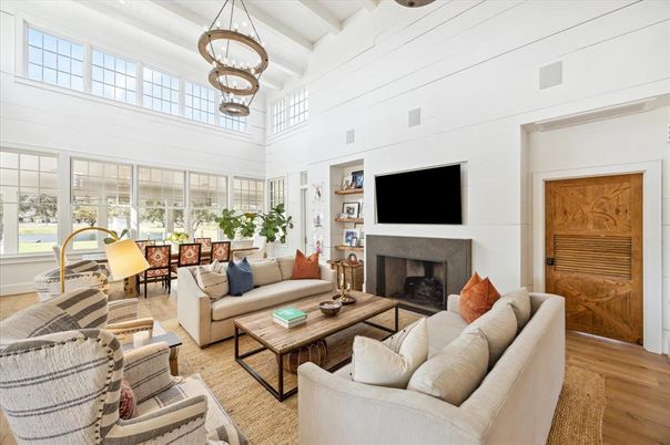 Dining room, Fireplace, Interior, Living room, Pendant Lights, Wood Texture Flooring