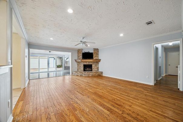 Empty room, Fireplace, Interior, Recessed Lighting, Wood Texture Flooring