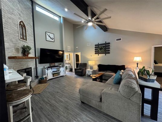 Fireplace, Interior, Living room, Stone Walls, Wooden Beams, Wood Texture Flooring