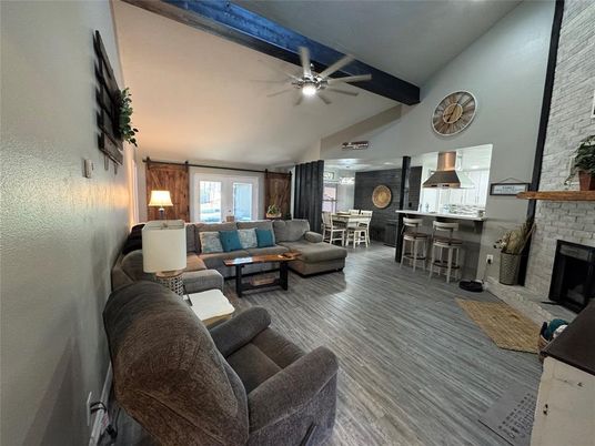 Dining room, Fireplace, Interior, Kitchen, Living room, Stone Walls, Wooden Beams, Wood Texture Flooring