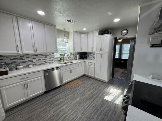 Interior, Kitchen, Pendant Lights, Recessed Lighting, Stainless Steel Appliances, Wood Texture Flooring