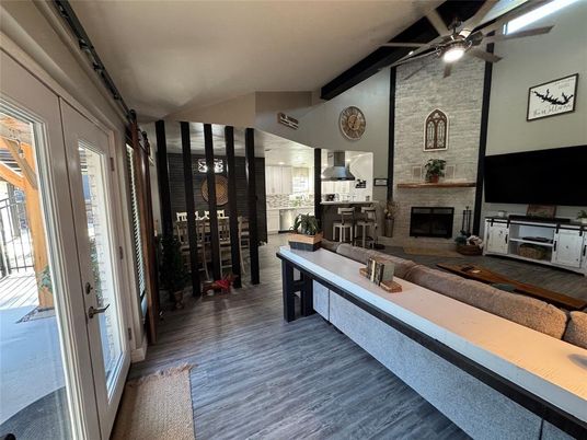 Fireplace, Interior, Kitchen, Stone Walls, Wood Texture Flooring