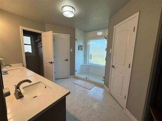 Bathroom, Dual Sink Vanities, Glass Shower, Interior, Marble