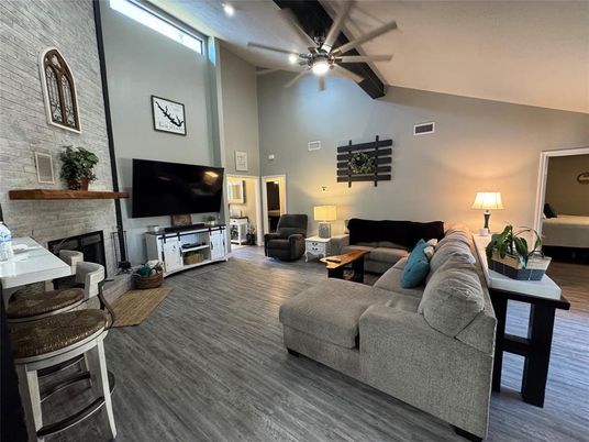 Fireplace, Interior, Living room, Stone Walls, Wood Texture Flooring