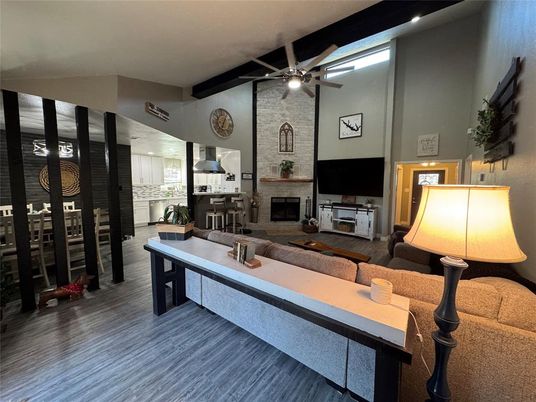 Dining room, Fireplace, Interior, Kitchen, Living room, Recessed Lighting, Stone Walls