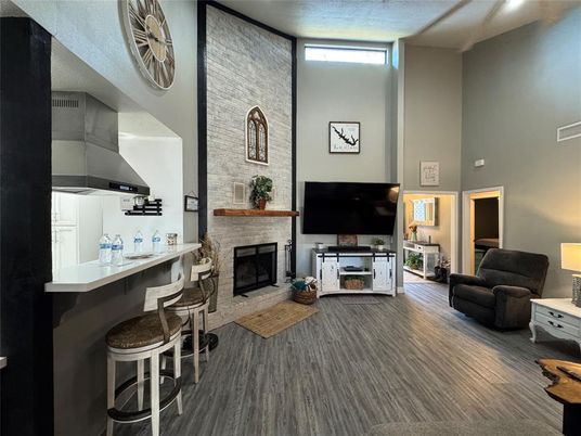 Fireplace, Interior, Kitchen, Living room, Stone Walls, Wood Texture Flooring