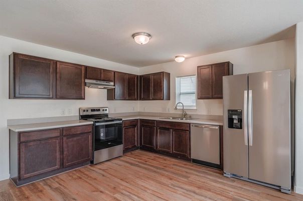 Interior, Kitchen, Stainless Steel Appliances, Wood Texture Flooring