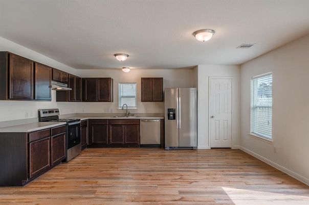Interior, Kitchen, Stainless Steel Appliances, Wood Texture Flooring