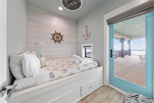 Bedroom, Interior, Recessed Lighting, Wood Texture Flooring, Wooden Walls