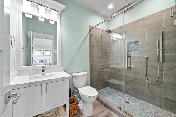 Bathroom, Glass Shower, Interior, Recessed Lighting, Wood Texture Flooring