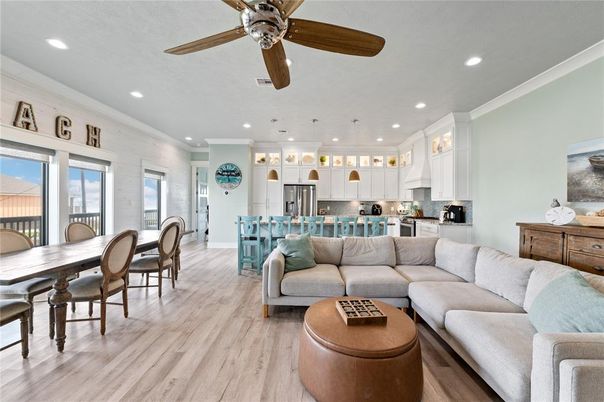 Dining room, Interior, Kitchen, Living room, Pendant Lights, Recessed Lighting, Stainless Steel Appliances, Wood Texture Flooring