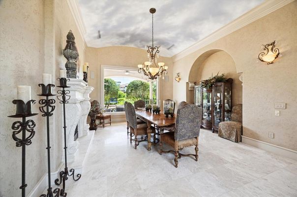 Chandelier, Dining room, Fireplace, Interior