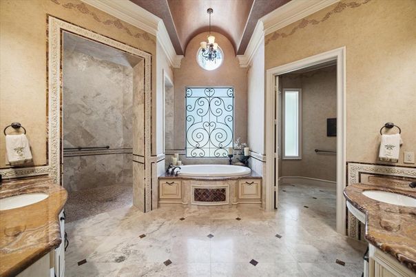 Bathroom, Chandelier, Dual Sink Vanities, Interior, Pendant Lights