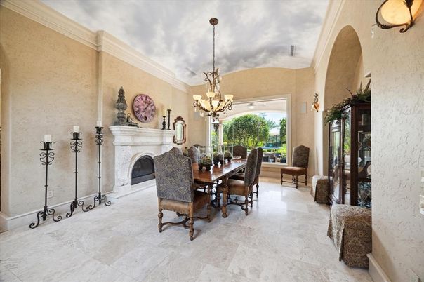 Chandelier, Dining room, Fireplace, Interior